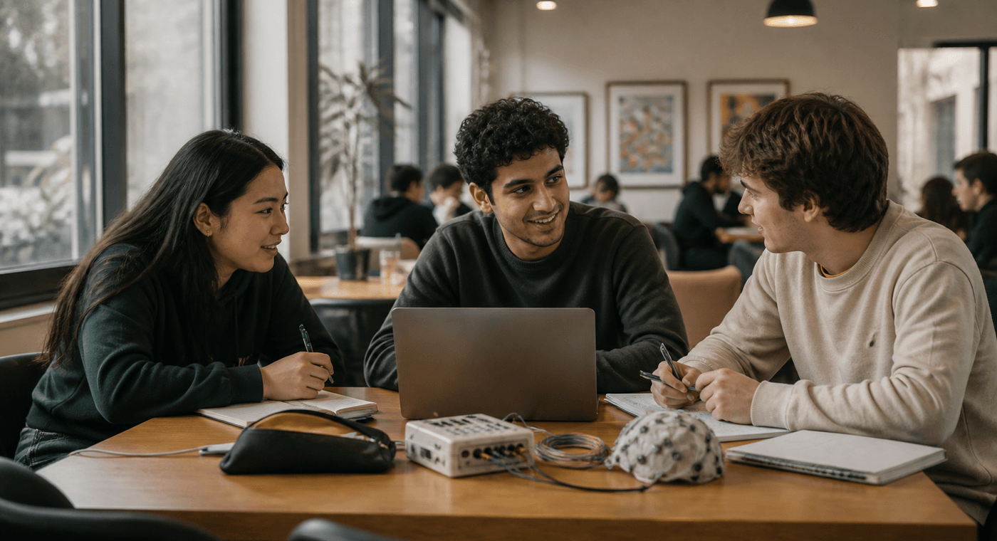 Students talking together around a neurotechnology project in a campus space.