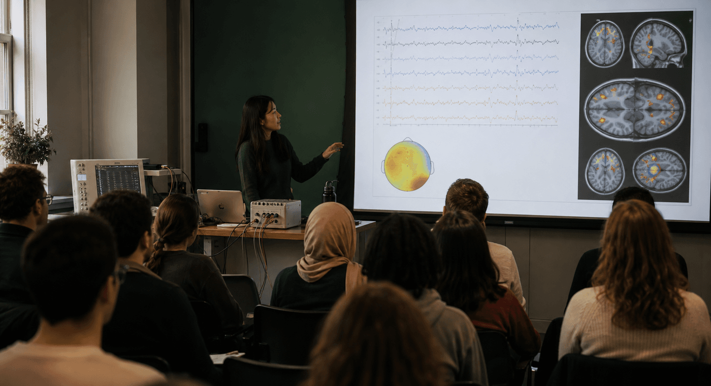 A neurotechnology talk with students viewing EEG and neuroimaging material.
