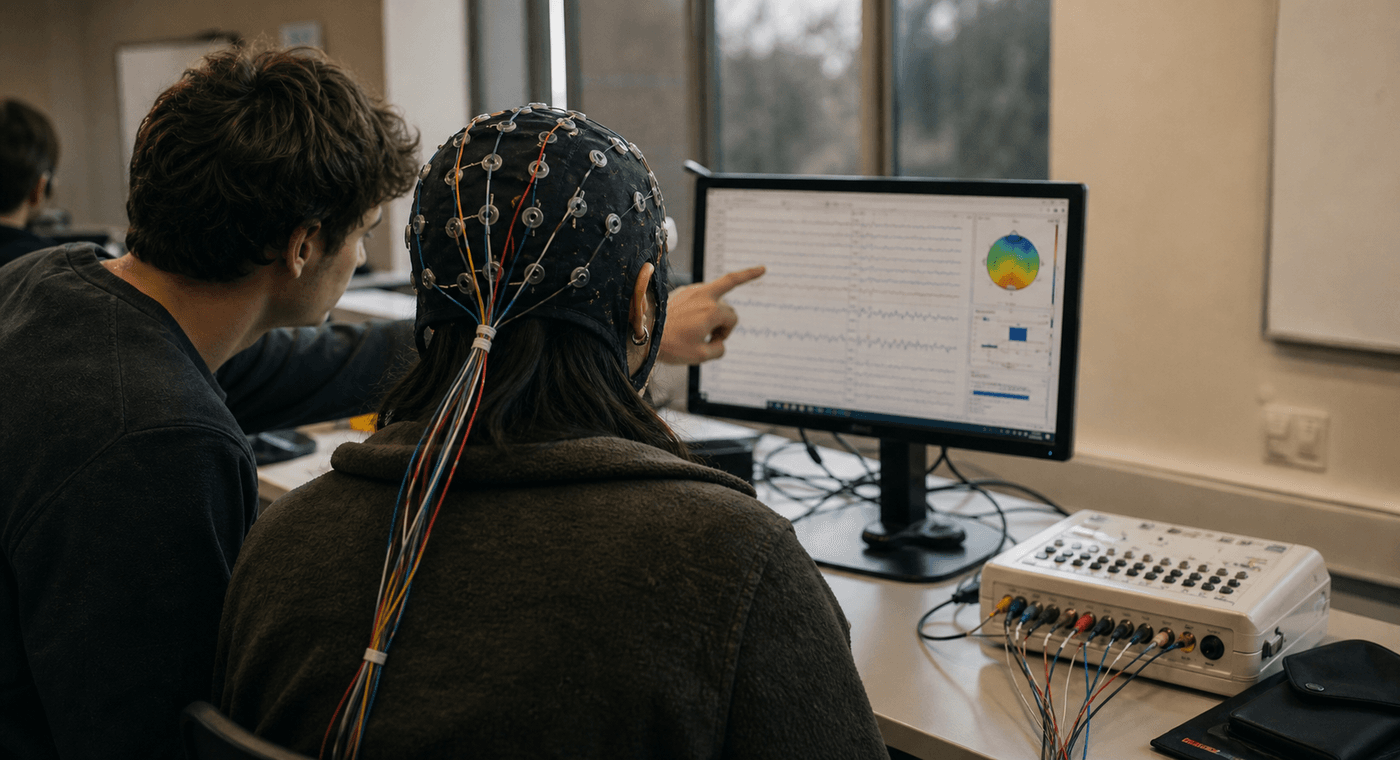Students working with an EEG cap and neural signal software in a lab.