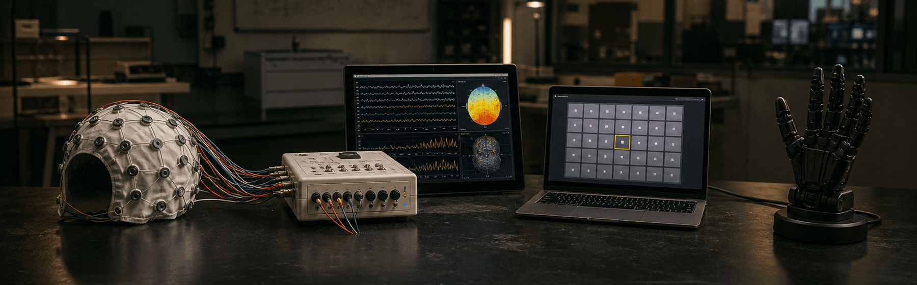An EEG cap, amplifier, neural data screens and an assistive robotic hand arranged on a laboratory bench.