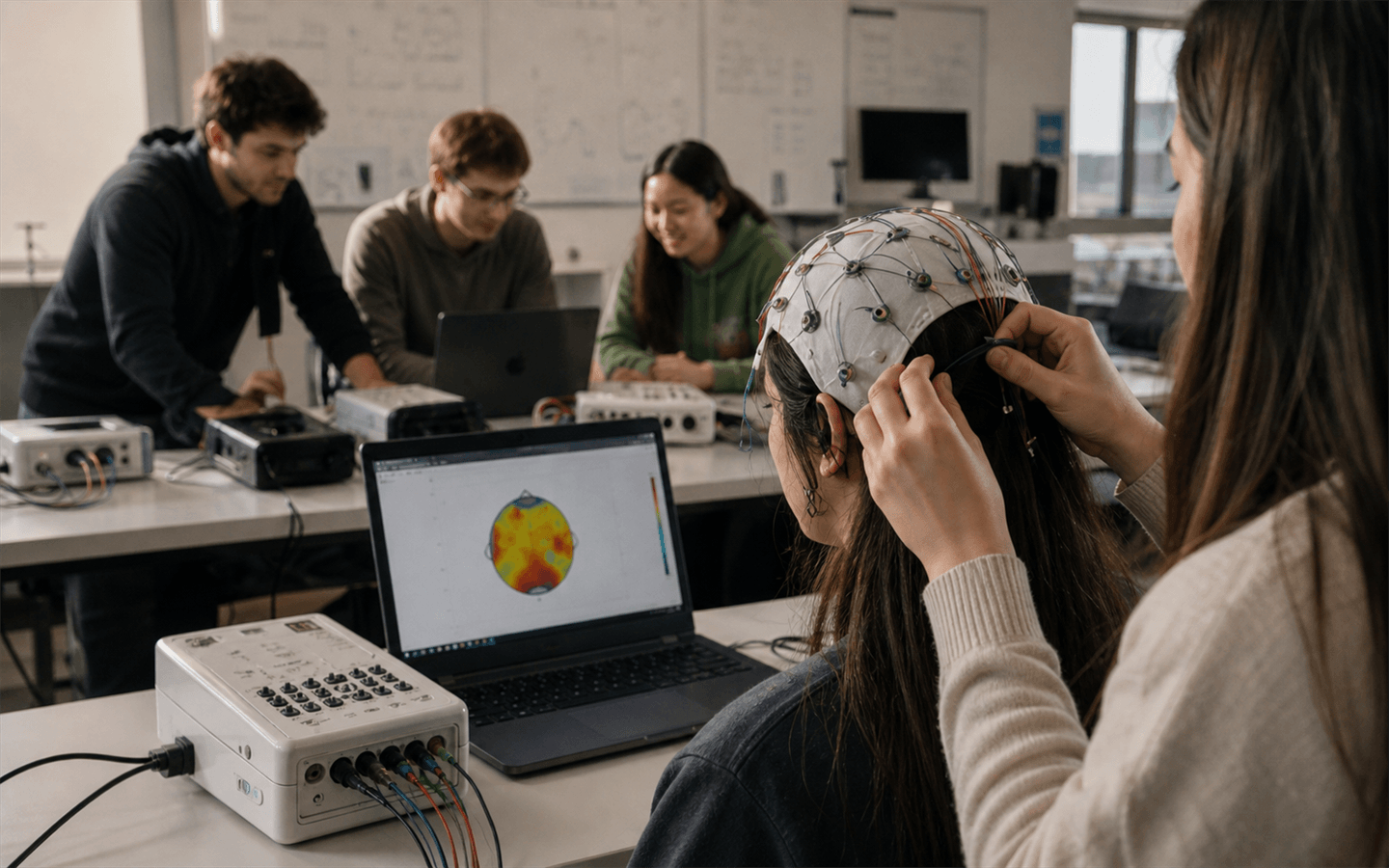 Students running an EEG session in a university laboratory.